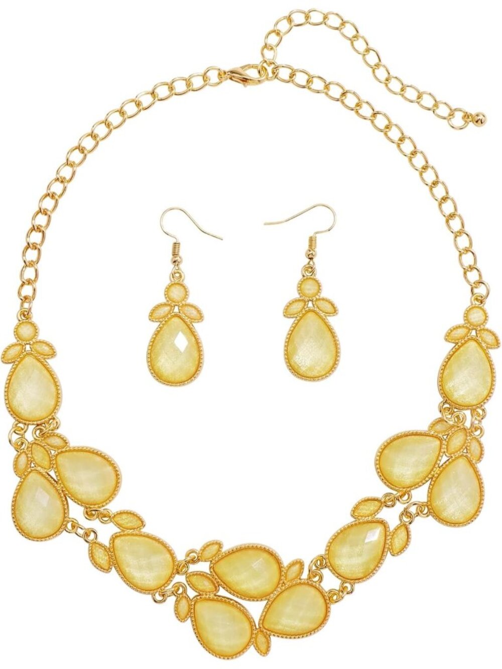 Women's Light Yellow Water Drop Collar Necklace Earrings Set Statement Jewelry